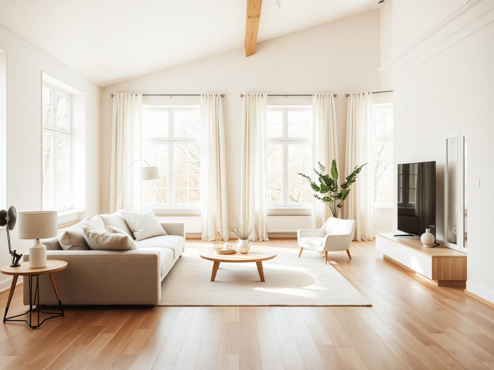 Sunlit minimal living room with cream tones